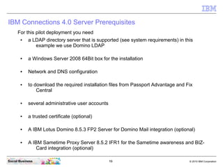 IBM Connections 4.0 Server Prerequisites
      For this pilot deployment you need
       ●    a LDAP directory server that...