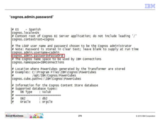 “cognos.admin.password”




Social Business              274   © 2010 IBM Corporation
 