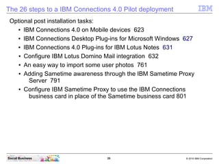 The 26 steps to a IBM Connections 4.0 Pilot deployment
 Optional post installation tasks:
   ● IBM Connections 4.0 on Mobi...