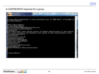 A LDAPSEARCH response for a group:




Social Business                         42   © 2010 IBM Corporation
 