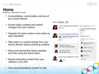 © 2013 IBM Corporation
 A consolidated, customizable overview of
your social network
 Access status updates and content
changes from your network
 Integrate 3rd party content more easily via
open standards
 Take action on content directly from your
Activity Stream without switching contexts
 Share and personalize Status Updates
and Files using the share button
 Repost interesting content from your
network in one click
 View recommendations content to view
Home
Reduce redundant work
 