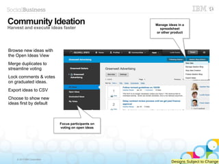 © 2013 IBM Corporation
Browse new ideas with
the Open Ideas View
Merge duplicates to
streamline voting
Lock comments & votes
on graduated ideas.
Export ideas to CSV
Choose to show new
ideas first by default
Designs Subject to Change
Community Ideation
Harvest and execute ideas faster
Manage ideas in a
spreadsheet
or other product
Manage ideas in a
spreadsheet
or other product
Focus participants on
voting on open ideas
Focus participants on
voting on open ideas
 