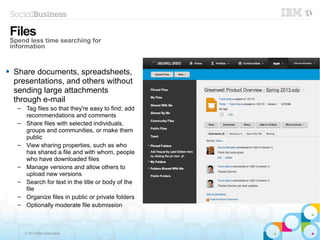 © 2013 IBM Corporation
 Share documents, spreadsheets,
presentations, and others without
sending large attachments
through e-mail
– Tag files so that they're easy to find; add
recommendations and comments
– Share files with selected individuals,
groups and communities, or make them
public
– View sharing properties, such as who
has shared a file and with whom, people
who have downloaded files
– Manage versions and allow others to
upload new versions
– Search for text in the title or body of the
file
– Organize files in public or private folders
– Optionally moderate file submission
Files
Spend less time searching for
information
 