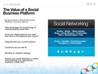 © 2013 IBM Corporation
The Value of a Social
Business Platform
By leveraging a Social Business
Platform, you are able to:
Take advantage of a broad range of
industry leading social tools
Grow your deployment as you need
over time on the platforms you require
Integrate with your current systems
Customize as you see fit
Develop an adoption strategy
Access your social data from a variety
of touchpoints (e.g. applications,
desktops, mobile, etc)
 