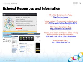 75 © 2013 IBM Corporation
New IBM Social Landing Page
http://ibm.com/social
Latest product info, research, podcasts, and
more http://www.ibm.com/lotus/connections
IBM Connections Team Blog
http://ibmsocialsoftware.com
Assets, discussion, and opinion about driving
the adoption of IBM social software
http://www.ibm.com/blogs/socialbusiness
App/Widget Catalog
http://catalog.lotus.com
External Resources and Information
 
