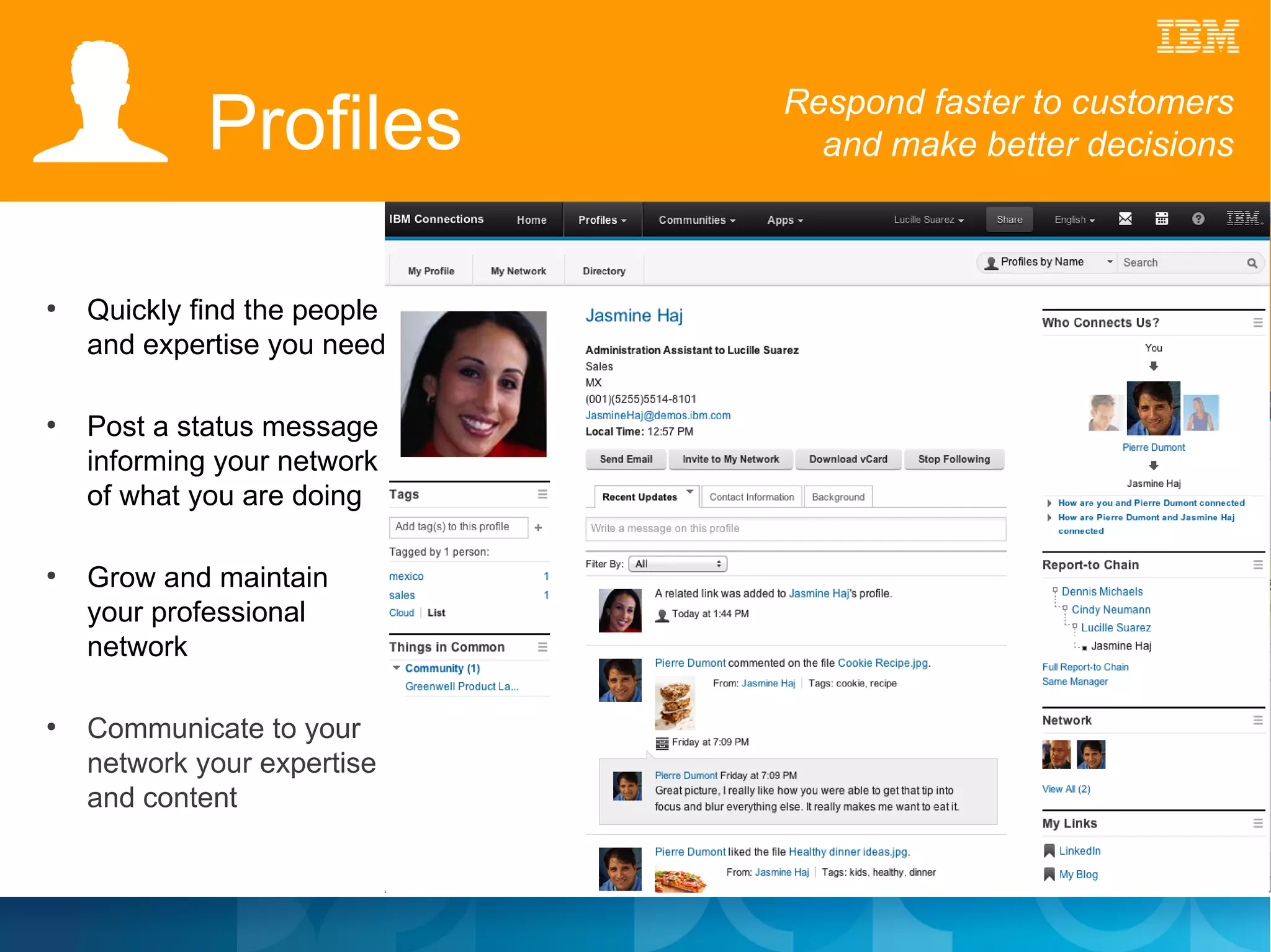 Profiles         Respond faster to customers
                                and make better decisions



●
    Quickly find the people
    and expertise you need

●
    Post a status message
    informing your network
    of what you are doing

●
    Grow and maintain
    your professional
    network

●
    Communicate to your
    network your expertise
    and content
 