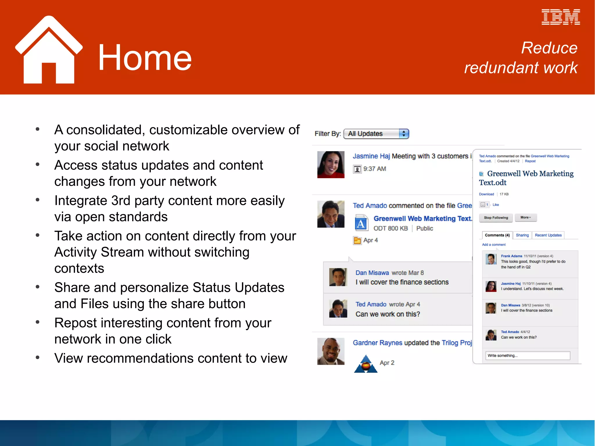 Home                                        Reduce
                                                redundant work


●
    A consolidated, customizable overview of
    your social network
●
    Access status updates and content
    changes from your network
●
    Integrate 3rd party content more easily
    via open standards
●
    Take action on content directly from your
    Activity Stream without switching
    contexts
●
    Share and personalize Status Updates
    and Files using the share button
●
    Repost interesting content from your
    network in one click
●
    View recommendations content to view
 