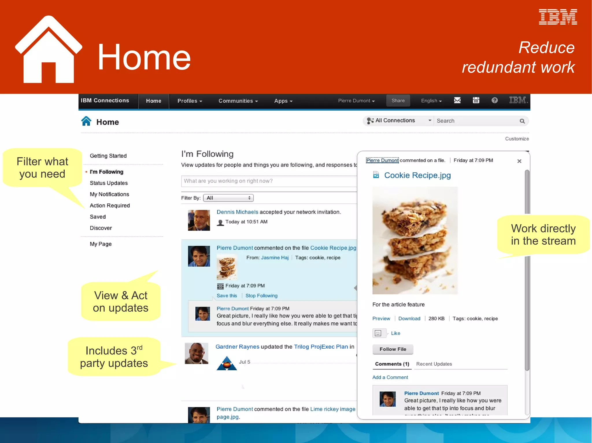 Home                Reduce
                              redundant work




Filter what
you need



                                    Work directly
                                    in the stream



                View & Act
                on updates


               Includes 3rd
              party updates
 