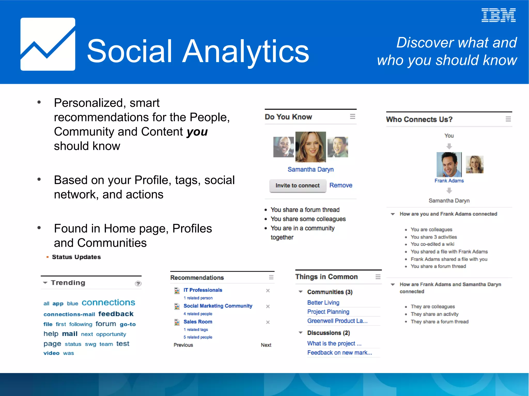 Social Analytics                  Discover what and
                                          who you should know

●
    Personalized, smart
    recommendations for the People,
    Community and Content you
    should know

●
    Based on your Profile, tags, social
    network, and actions

●
    Found in Home page, Profiles
    and Communities
 