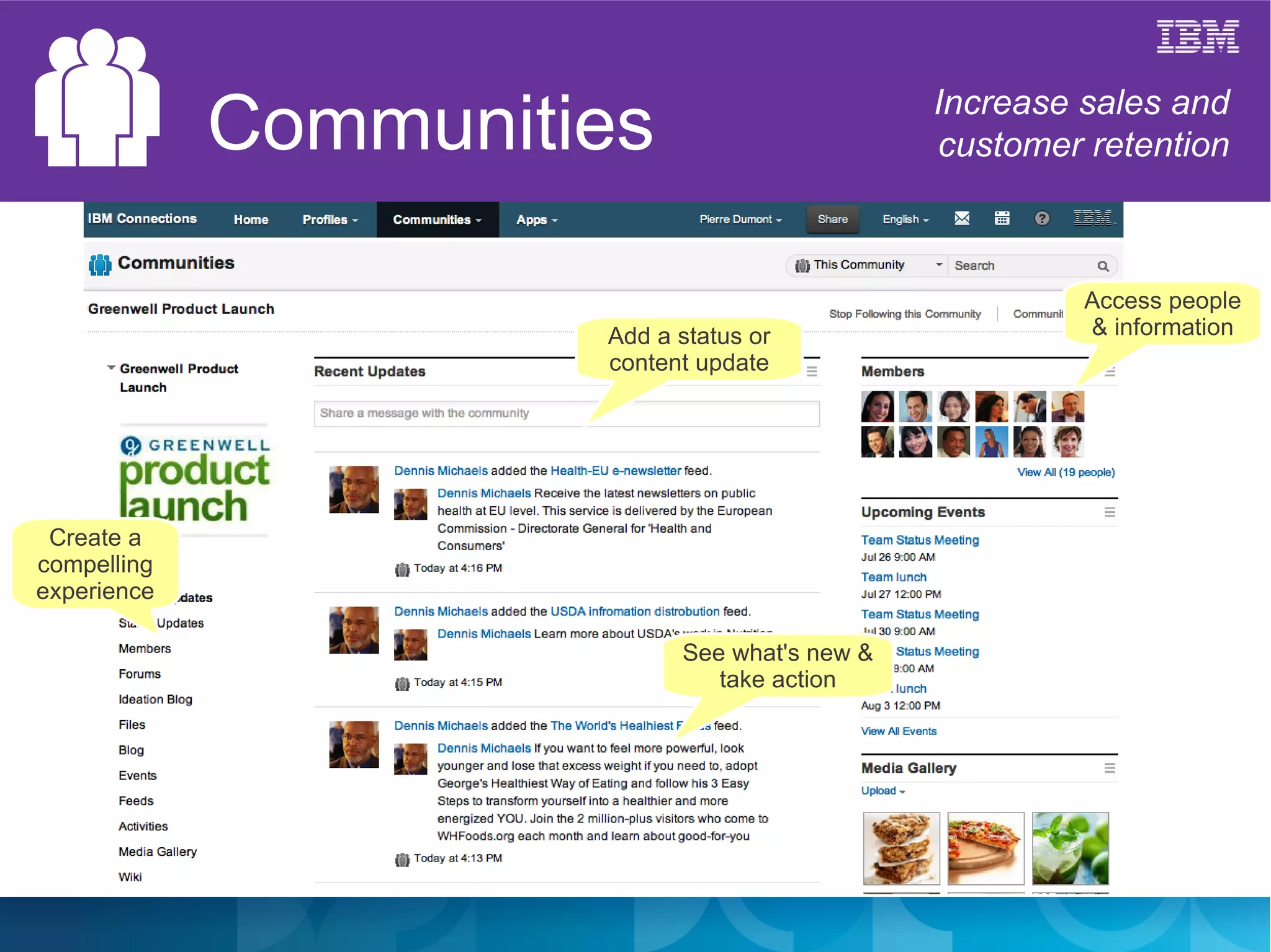 Communities                       Increase sales and
                                               customer retention



                                                        Access people
                      Add a status or                   & information
                      content update




 Create a
compelling
experience

                            See what's new &
                               take action
 