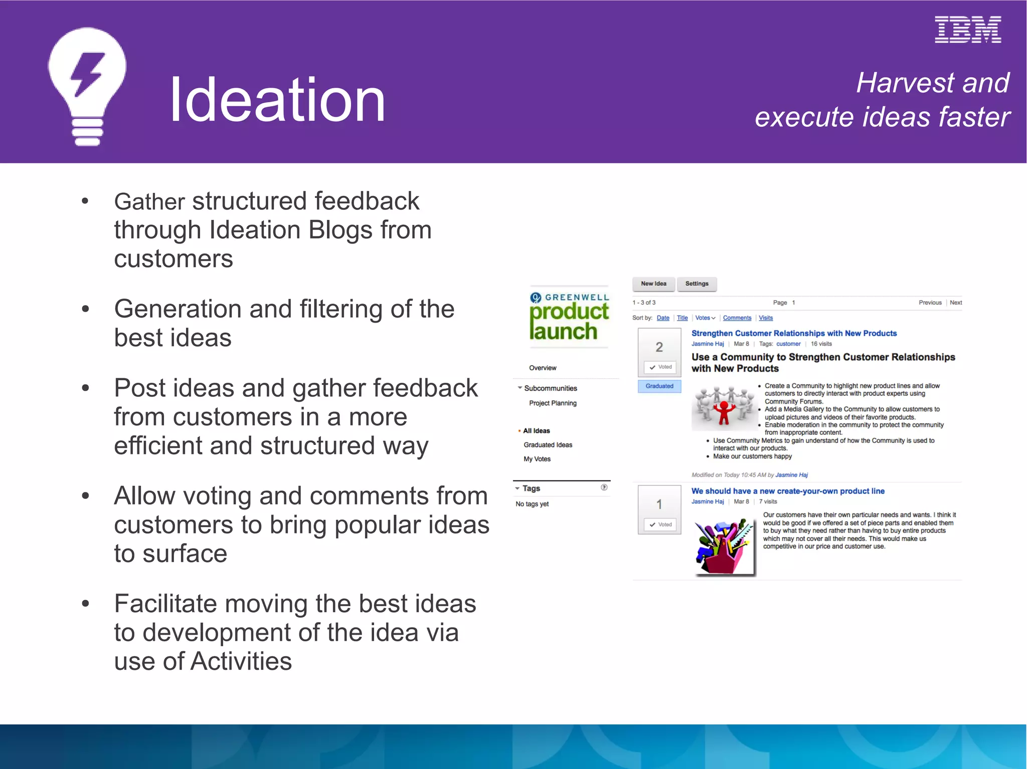 Ideation                              Harvest and
                                       execute ideas faster

●
    Gather structured feedback
    through Ideation Blogs from
    customers
●   Generation and filtering of the
    best ideas
●   Post ideas and gather feedback
    from customers in a more
    efficient and structured way
●   Allow voting and comments from
    customers to bring popular ideas
    to surface
●   Facilitate moving the best ideas
    to development of the idea via
    use of Activities
 