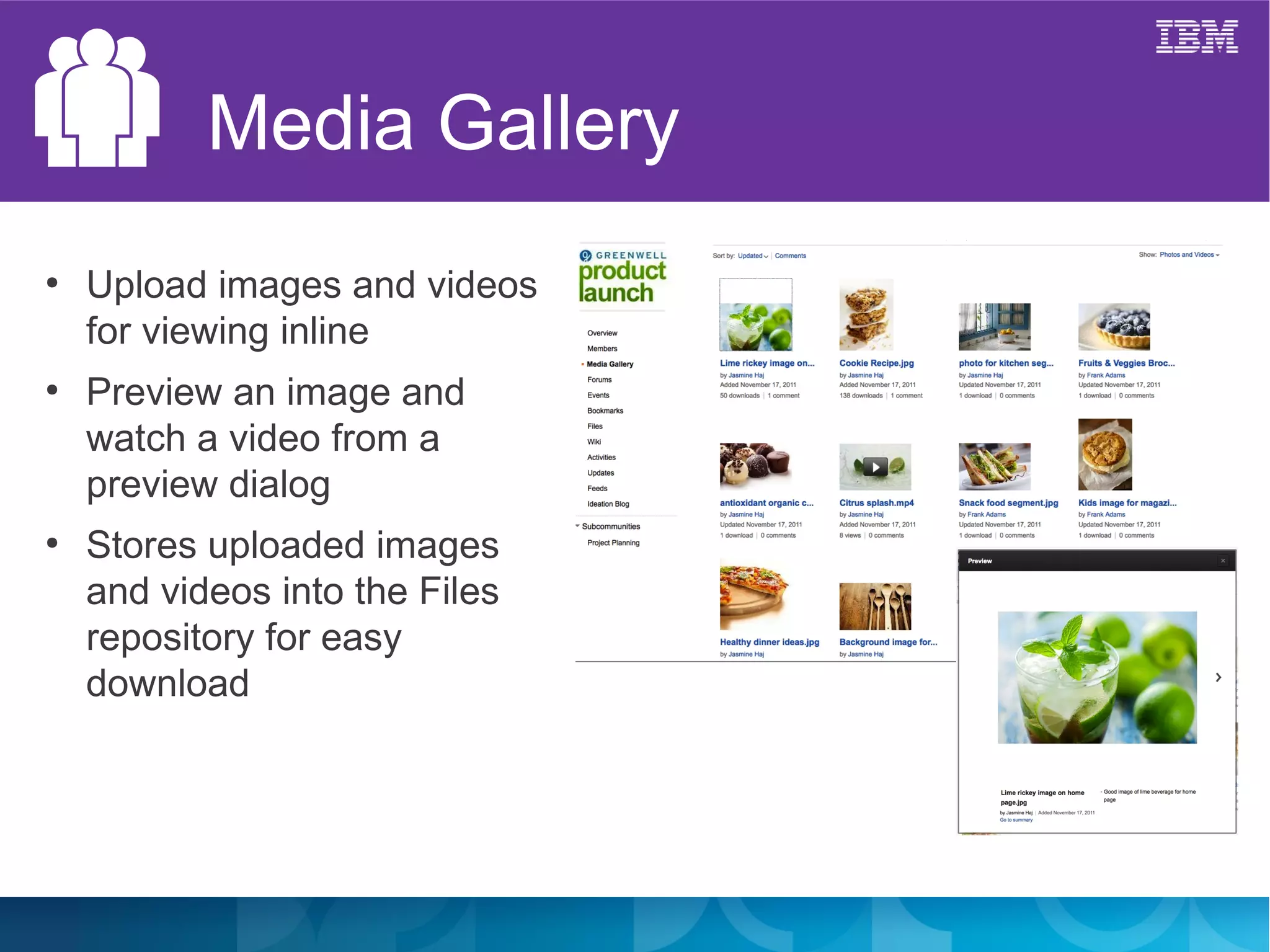 Media Gallery
●
    Upload images and videos
    for viewing inline
●
    Preview an image and
    watch a video from a
    preview dialog
●
    Stores uploaded images
    and videos into the Files
    repository for easy
    download
 