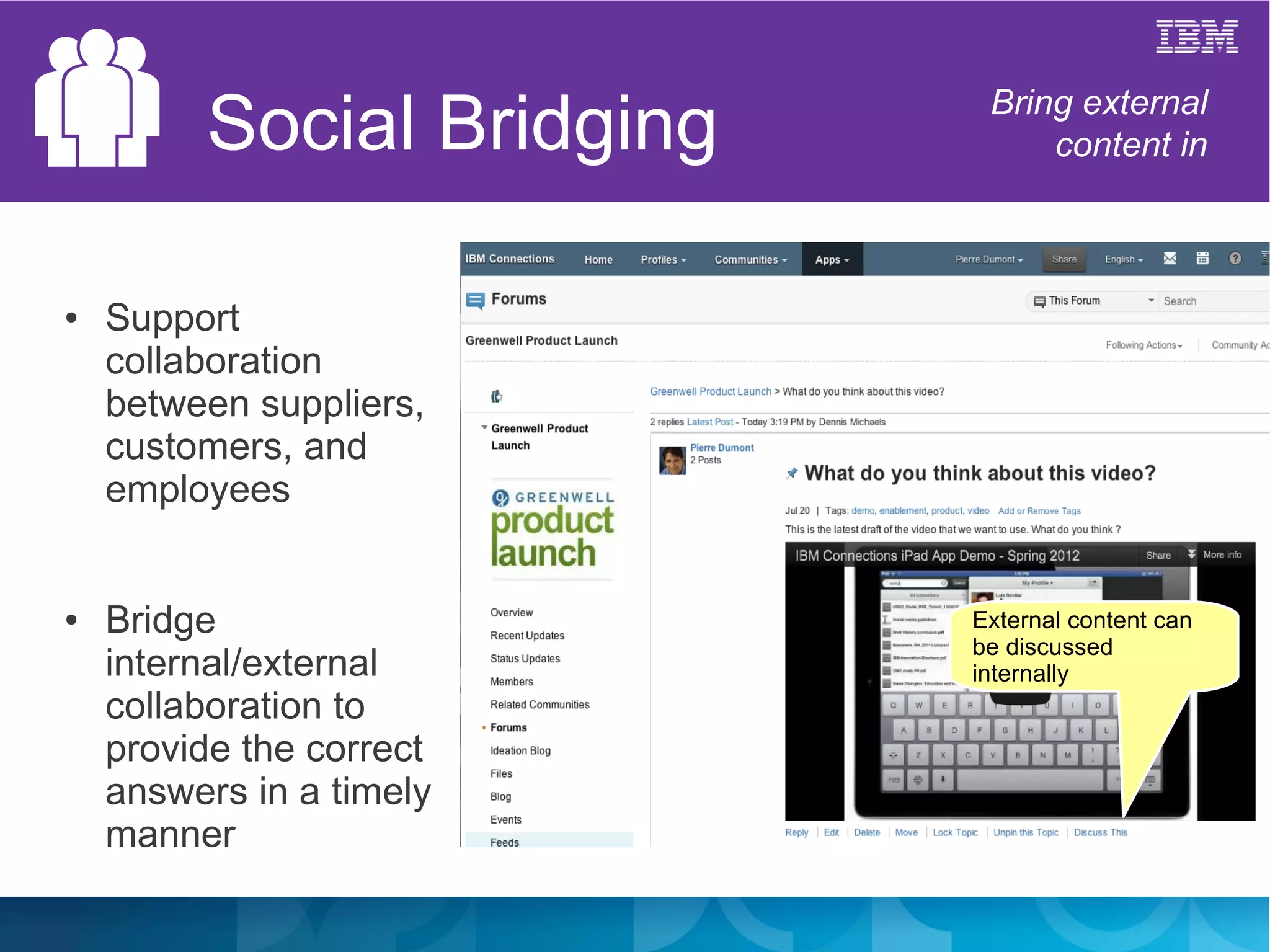 Social Bridging       Bring external
                                   content in



●   Support
    collaboration
                           External content can
    between suppliers,     be discussed
    customers, and         internally
    employees


●   Bridge                   External content can
                             be discussed
    internal/external        internally
    collaboration to
    provide the correct
    answers in a timely
    manner
 
