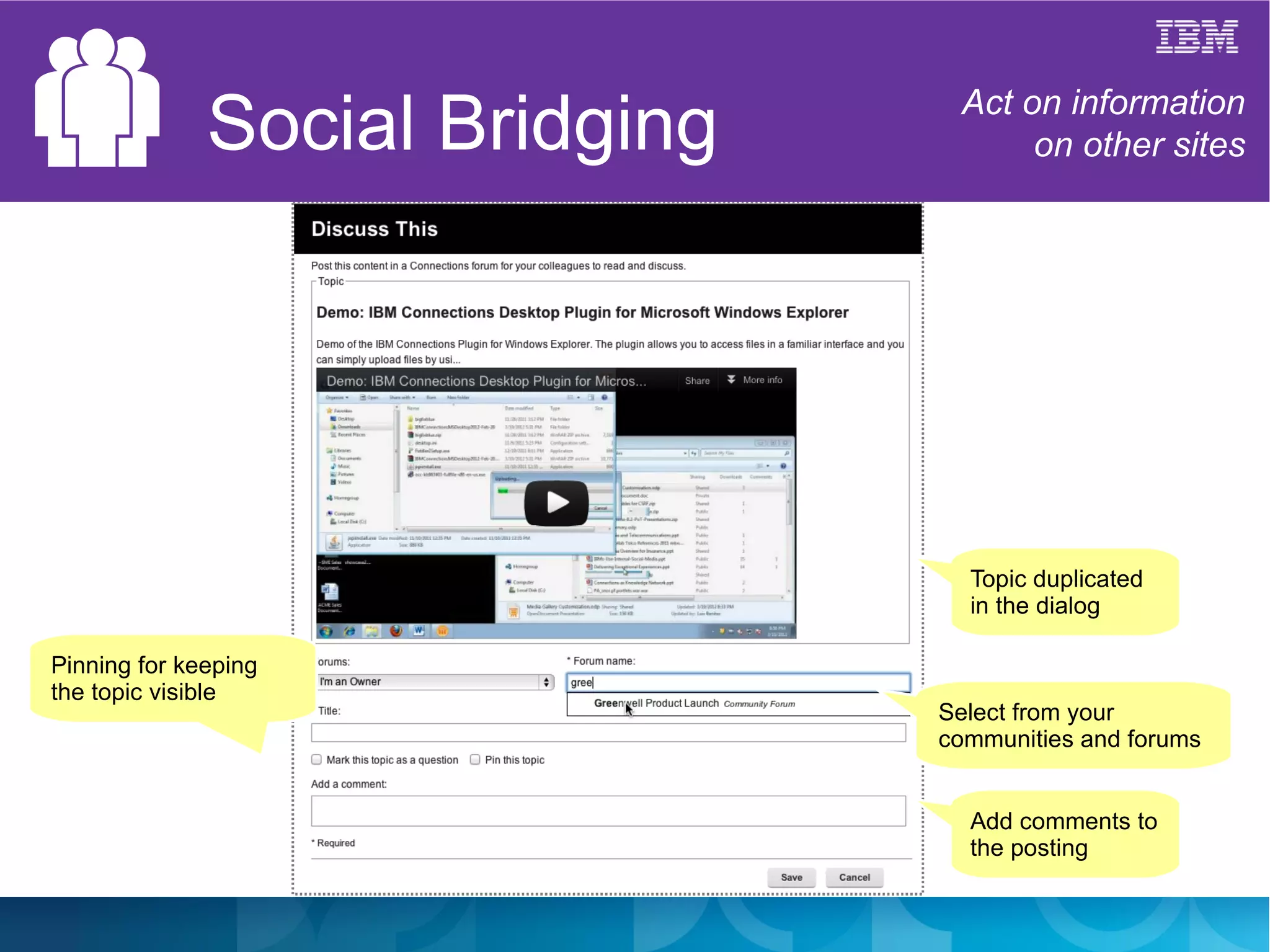 Social Bridging    Act on information
                                      on other sites




                                  Topic duplicated
                                  in the dialog

Pinning for keeping
the topic visible
                                Select from your
                                communities and forums


                                  Add comments to
                                  the posting
 