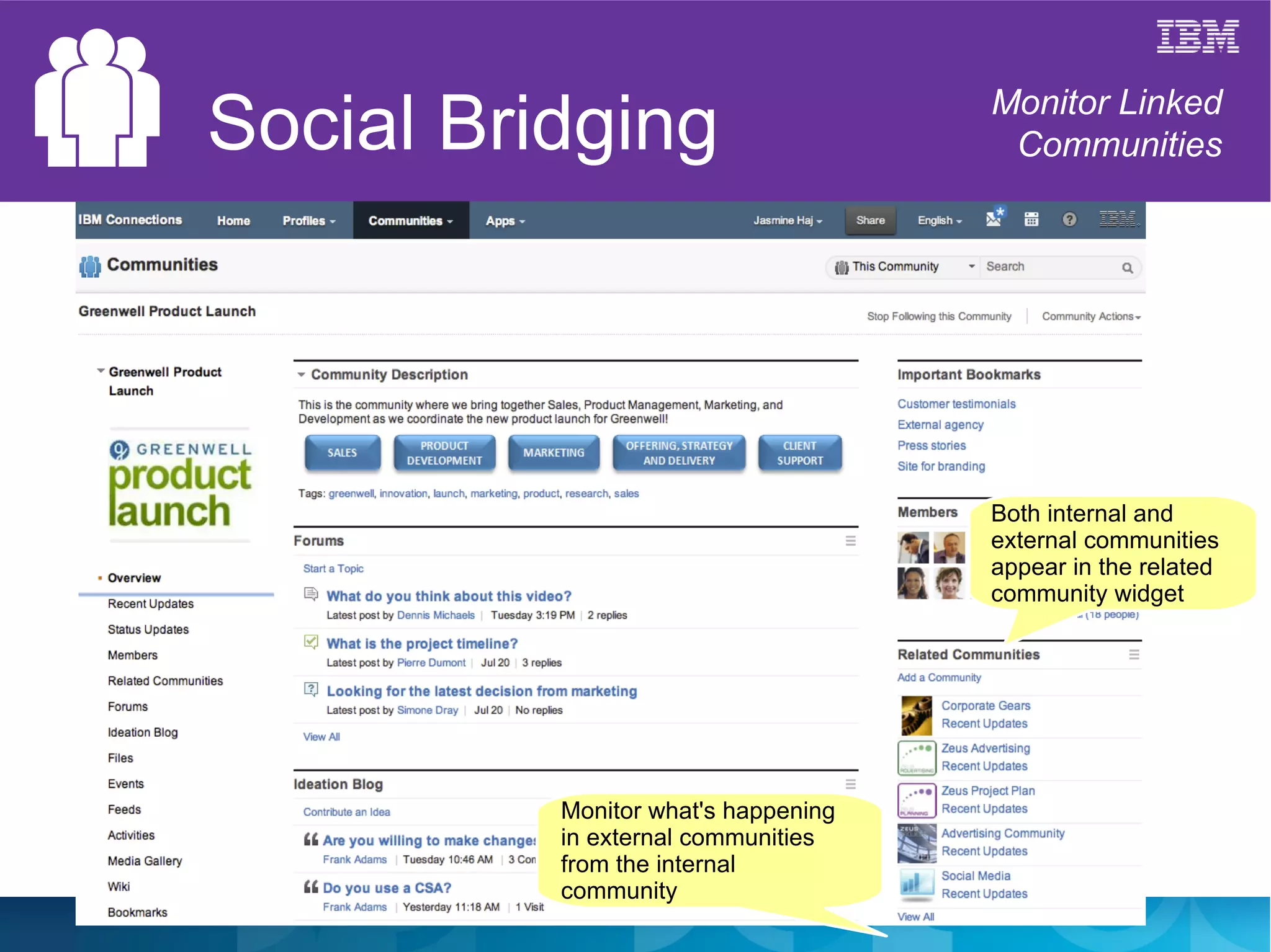 Social Bridging                              Monitor Linked
                                              Communities




                                             Both internal and
                                             external communities
                                             appear in the related
                                             community widget




      Monitor what's happening
      in external communities
      from the internal
      community Monitor what's happening
                   in external communities
                   from the internal
                   community
 