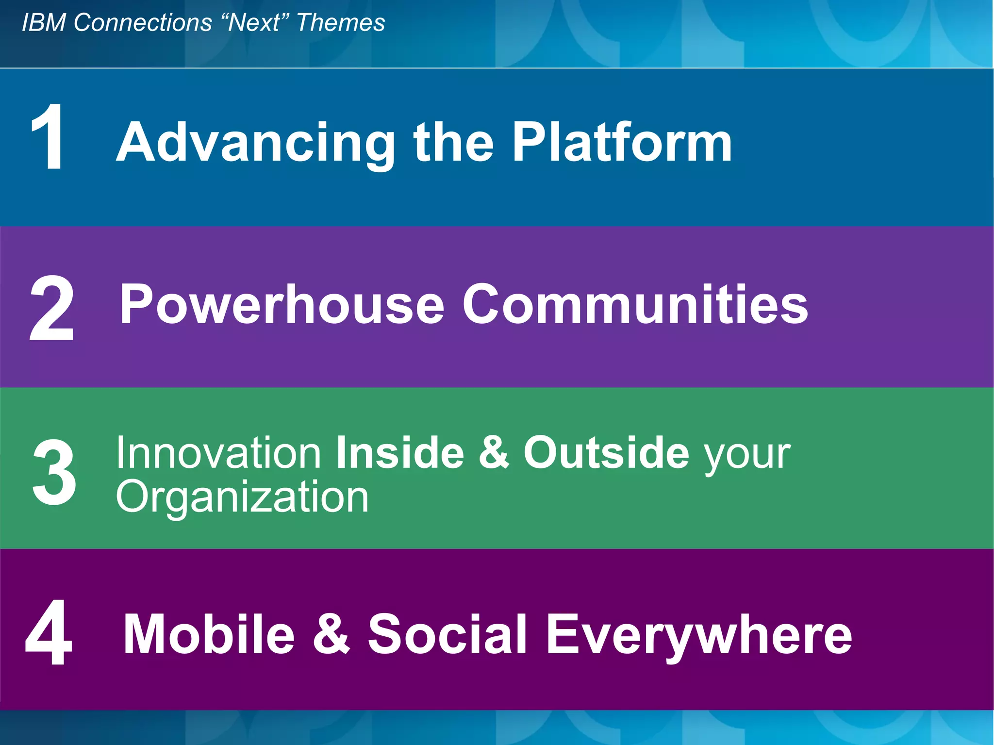 IBM Connections “Next” Themes




1      Advancing the Platform

2 Powerhouse Communities
2
3      Innovation Inside & Outside your
       Organization


4       Mobile & Social Everywhere
 