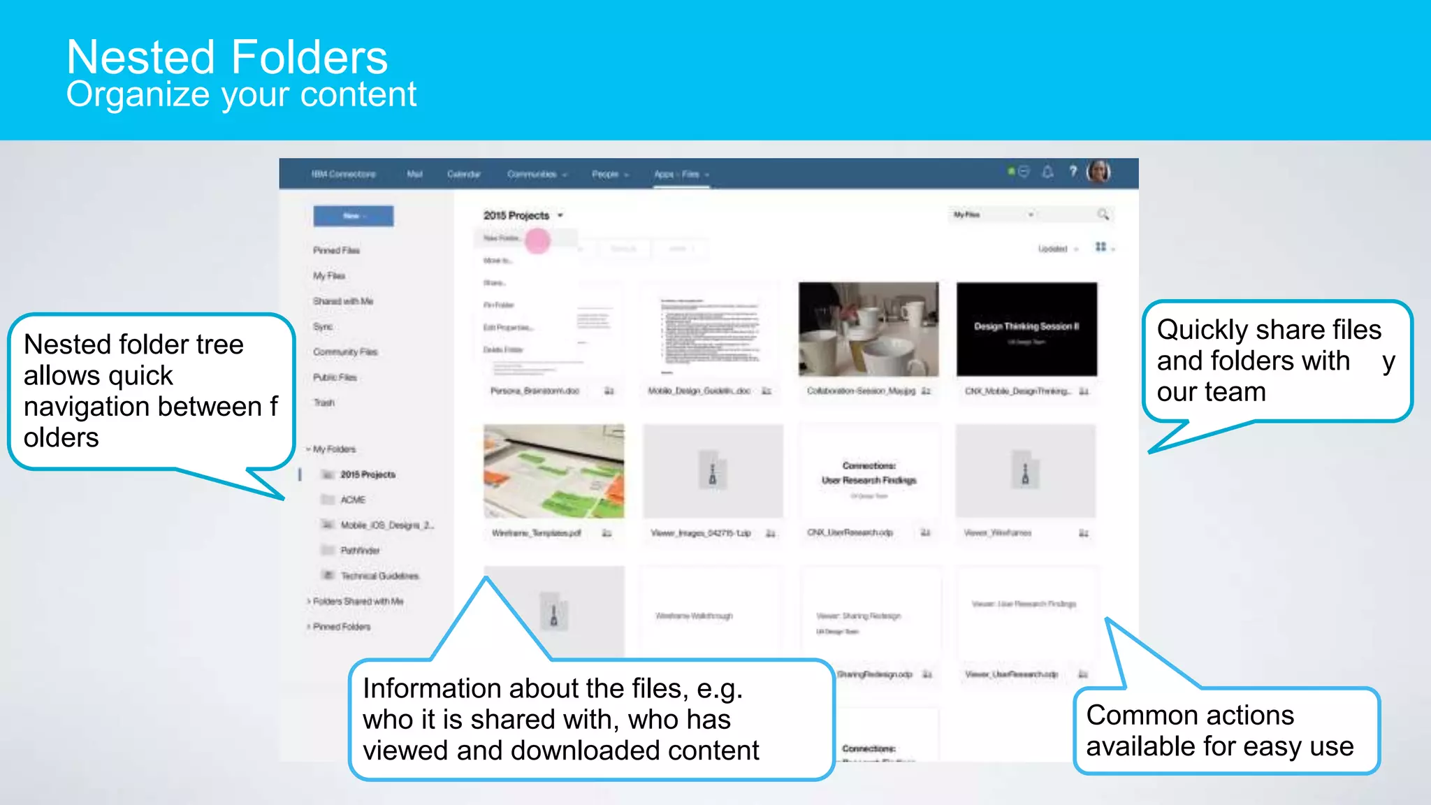 Nested folder tree
allows quick
navigation between f
olders
Quickly share files
and folders with y
our team
Nested Folders
Organize your content
Information about the files, e.g.
who it is shared with, who has
viewed and downloaded content
Common actions
available for easy use
 
