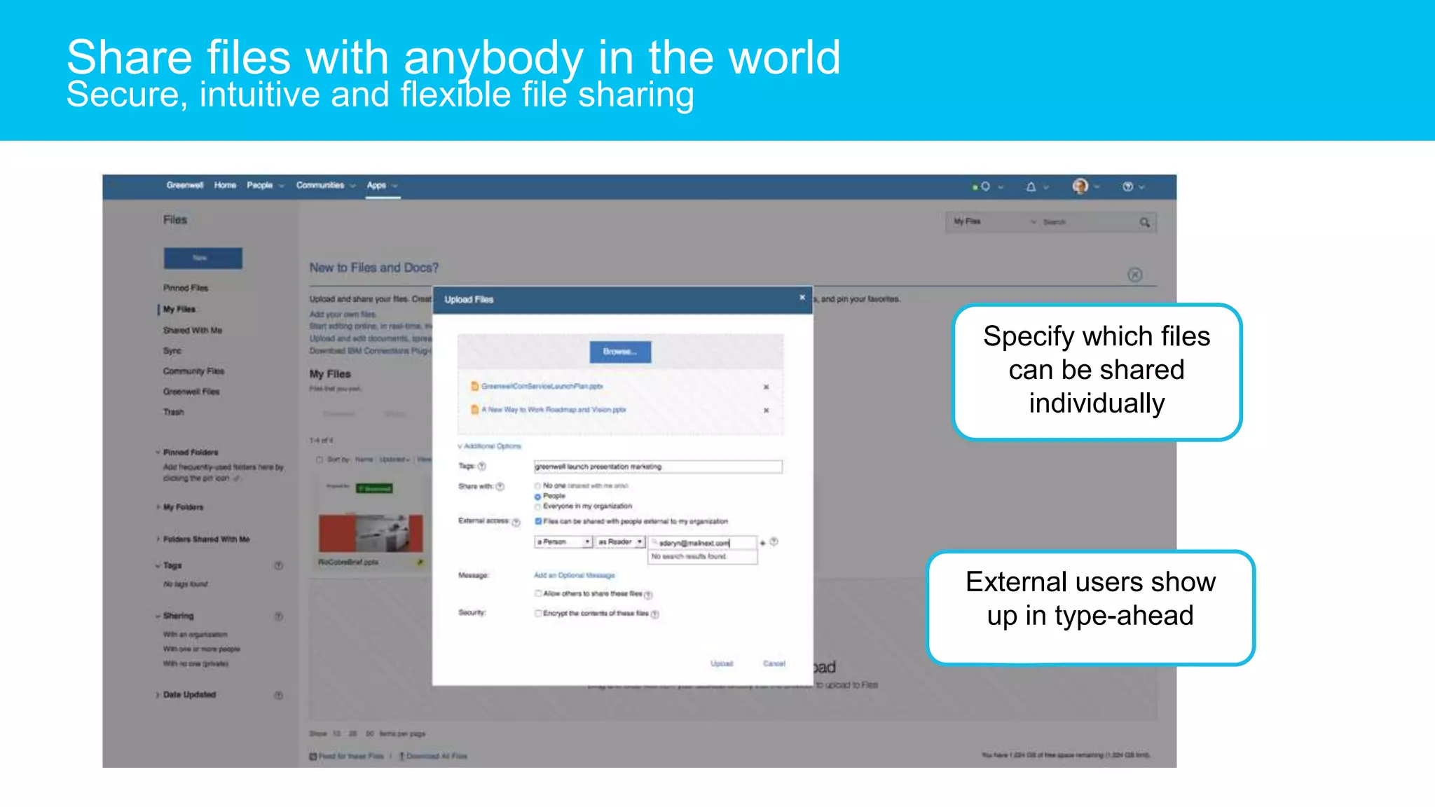 Specify which files
can be shared
individually
External users show
up in type-ahead
Share files with anybody in the world
Secure, intuitive and flexible file sharing
 