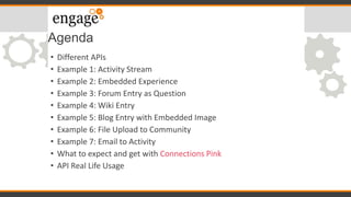 Agenda
• Different APIs
• Example 1: Activity Stream
• Example 2: Embedded Experience
• Example 3: Forum Entry as Question
• Example 4: Wiki Entry
• Example 5: Blog Entry with Embedded Image
• Example 6: File Upload to Community
• Example 7: Email to Activity
• What to expect and get with Connections Pink
• API Real Life Usage
 