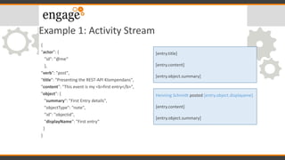 Example 1: Activity Stream
{
"actor": {
"id": "@me"
},
"verb": "post",
"title": “Presenting the REST-API Klompendans",
"content": "This event is my <b>first entry</b>",
"object": {
"summary": "First Entry details",
"objectType": "note",
"id": "objectid",
"displayName": "First entry“
}
}
[entry.title]
[entry.content]
[entry.object.summary]
Henning Schmidt posted [entry.object.displayame]
[entry.content]
[entry.object.summary]
 