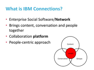 What is IBM Connections?
• Enterprise Social Software/Network
• Brings content, conversation and people
together
• Collabo...
