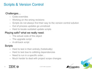 25 © 2015 IBM Corporation
Scripts & Version Control
Challenges…
– Code-overrides
– Working on the wrong revisions
– Scripts do not always find their way to the version control solution
– Out of process updates go unnoticed
– Hard to locate outdated update scripts
Playing safe? what we really need:
– The actual code of the object
– The upgrade script
– A roll-back script
Scripts
– Hard to test in their entirely (holistically)
– Hard to test due to colliding dependencies
– Need to run in a specific order…
– Much harder to deal with project scope changes
 
