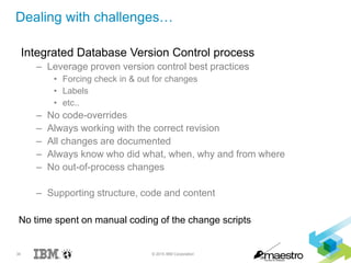 34 © 2015 IBM Corporation
Dealing with challenges…
Integrated Database Version Control process
– Leverage proven version control best practices
• Forcing check in & out for changes
• Labels
• etc..
– No code-overrides
– Always working with the correct revision
– All changes are documented
– Always know who did what, when, why and from where
– No out-of-process changes
– Supporting structure, code and content
No time spent on manual coding of the change scripts
 