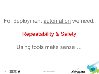 36 © 2015 IBM Corporation
For deployment automation we need:
Repeatability & Safety
Using tools make sense …
 