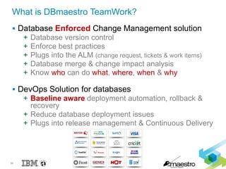 56 © 2015 IBM Corporation
What is DBmaestro TeamWork?
 Database Enforced Change Management solution
+ Database version control
+ Enforce best practices
+ Plugs into the ALM (change request, tickets & work items)
+ Database merge & change impact analysis
+ Know who can do what, where, when & why
 DevOps Solution for databases
+ Baseline aware deployment automation, rollback &
recovery
+ Reduce database deployment issues
+ Plugs into release management & Continuous Delivery
 