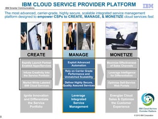 The most advanced, carrier-grade, highly secure, scalable integrated service management platform designed to  empower CSPs to CREATE, MANAGE, & MONETIZE  cloud services  fast . CREATE MANAGE Leverage  Integrated Service Management MONETIZE Energize Cloud Sales & Optimize the Customer Experience Exploit Advanced Automation Rely on Carrier Grade Performance and Unmatched Scalability Deliver Highly Secure, Quality Assured Services Ignite Innovation and Differentiate the Service Portfolio IBM CLOUD SERVICE PROVIDER PLATFORM Rapidly Launch Partner Enabled Apps/Services Infuse Creativity Into the Service Portfolio Market White Labeled IBM Cloud Services Maximize Effectiveness of Sales Channels Leverage Intelligence for Differentiation Optimize Self-Service Web Portals 