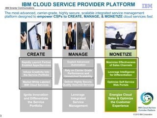 The most advanced, carrier-grade, highly secure, scalable integrated service management platform designed to  empower CSPs to CREATE, MANAGE, & MONETIZE  cloud services  fast . CREATE MANAGE Leverage  Integrated Service Management MONETIZE Energize Cloud Sales & Optimize the Customer Experience Exploit Advanced Automation Rely on Carrier Grade Performance and Unmatched Scalability Deliver Highly Secure, Quality Assured Services Ignite Innovation and Differentiate the Service Portfolio IBM CLOUD SERVICE PROVIDER PLATFORM Rapidly Launch Partner Enabled Apps/Services Infuse Creativity Into the Service Portfolio Market White Labeled IBM Cloud Services Maximize Effectiveness of Sales Channels Leverage Intelligence for Differentiation Optimize Self-Service Web Portals 