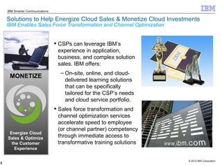 Solutions to Help Energize Cloud Sales & Monetize Cloud Investments IBM Enables Sales Force Transformation and Channel Optimization MONETIZE Energize Cloud Sales & Optimize the Customer Experience CSPs can leverage IBM’s experience in application, business, and complex solution sales. IBM offers: On-site, online, and cloud-delivered learning solutions that can be specifically tailored for the CSP’s needs and cloud service portfolio. Sales force transformation and channel optimization services accelerate speed to employee (or channel partner) competency through immediate access to transformative training solutions 
