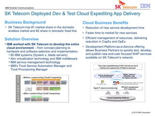 SK Telecom Deployed Dev & Test Cloud Expediting App Delivery Business Background Solution Overview Cloud Business Benefits SK Telecom has #1 market share in the domestic wireless market and #2 share in domestic fixed line Reduction of new service development time Faster time to market for new services Efficient management of resources, delivering reduction in CapEx and OpEx Development Platform-as-a-Service offering allows Business Partners to quickly test, develop, and publish new end-user focused WAP services available on SK Telecom’s network. IBM worked with SK Telecom to develop the entire cloud environment  – from concept planning to hardware and software selection and implementation.  80 IBM systems (System x, blade servers) Xen virtualization technology and IBM middleware IBM service management technology IBM's Tivoli Service Automation Manager and Tivoli Provisioning Manager 
