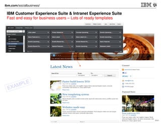 Social Business Marketing case studies

Delight customers
with targeted
social and transactional
propositions

Connect
People and Brands,
discover, insight, invent
You

Enhance
workforce for
social engagement
knowledge and
collaboration
Single view
Business Data,
Social Data,
Interactive data

Enterprise Systems
© 2012 IBM Corporation

 