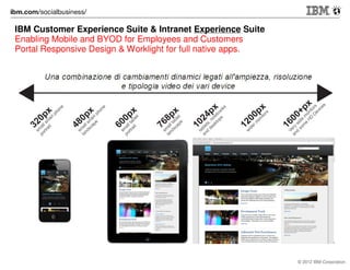 Esempio: Moby/ Social Business case
Progressione mese 18

ROI

Migliorare churn rate
preventivi/prenotazioni

>Xmio

Incrementare base/conoscenza
dei clienti e l’efficacia delle azioni
di marketing

Trade-off costi/benefici
Milioni €

2011-2013

XX

>Xmio

Sfruttare nuovi modelli di
contatto/proposizione con i
canali (agenzie, professionisti)
Massimizzare
la revenue extraction
pre-durante-post viaggio

ROI 20x

XX

0,XX

Potenziale ricav i **
incramentali da
nuov e tecnologie

∼

SOCIAL
BUSINESS

Stime ricavi incrementali
a regime Milioni €/anno

∼

Leve strategiche

Costo* Moby 2.0

XX
Single view
Business Data,
Social Data,
Interactive data

Obiettivi non supportabili da tecnologia
sviluppata custom “in-house”
© 2012 IBM Corporation

 