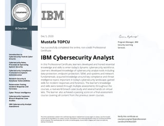 8 Courses
Introduction to
Cybersecurity Tools & Cyber
Attacks
Cybersecurity Roles,
Processes & Operating
System Security
Cybersecurity Compliance
Framework & System
Administration
Network Security &
Database Vulnerabilities
Penetration Testing,
Incident Response and
Forensics
Cyber Threat Intelligence
Cybersecurity Capstone:
Breach Response Case
Studies
IBM Cybersecurity Analyst
Assessment
Program Manager, IBM
Security Learning
Services
Dec 5, 2020
Mustafa TOPCU
has successfully completed the online, non-credit Professional
Certiﬁcate
IBM Cybersecurity Analyst
In this Professional Certiﬁcate, learners developed and honed essential
knowledge and skills to enter today's dynamic cybersecurity workforce.
Learners developed knowledge of cybersecurity analyst tools including
data protection; endpoint protection; SIEM; and systems and network
fundamentals; acquired knowledge around key compliance and threat
intelligence topics important in today’s cybersecurity landscape; gained
skills for incident responses and forensics. The learner’s knowledge
and skills were tested through multiple assessments throughout the
courses, a real-world breach case study and several hands on virtual
labs. The learner also achieved a passing score on a ﬁnal assessment
course covering all content from the previous seven courses.
The online specialization named in this certiﬁcate may draw on material from courses taught on-campus, but the included
courses are not equivalent to on-campus courses. Participation in this online specialization does not constitute enrollment
at this university. This certiﬁcate does not confer a University grade, course credit or degree, and it does not verify the
identity of the learner.
Verify this certiﬁcate at:
coursera.org/verify/professional-
cert/DUZYXHKUE3DY
 