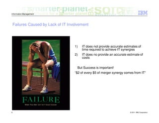 Information Management




    Failures Caused by Lack of IT Involvement




                                     1)   IT does not provide accurate estimates of
                                          time required to achieve IT synergies
                                     2)   IT does no provide an accurate estimate of
                                          costs


                                       But Success is important!
                                     “$2 of every $5 of merger synergy comes from IT”




6                                                                          © 2011 IBM Corporation
 