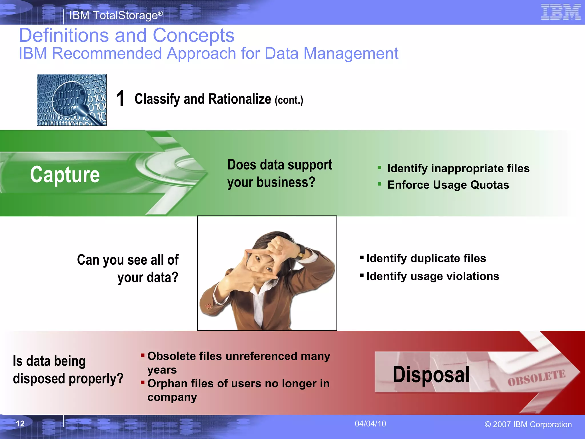 Definitions and Concepts IBM Recommended Approach for Data Management 1 Classify and Rationalize  (cont.) Can you see all of your data? Identify duplicate files Identify usage violations Capture Does data support your business? Identify inappropriate files Enforce Usage Quotas Disposal Is data being disposed properly? Obsolete files unreferenced many years Orphan files of users no longer in company 