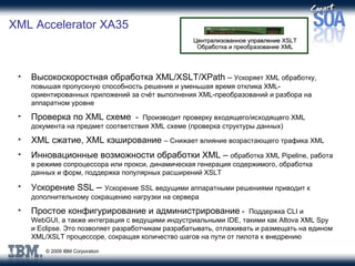 XML Accelerator XA35   Высокоскоростная обработка  XML/XSLT/XPath   –  Ускоряет  XML  обработку ,  повышая пропускную способность решения и уменьшая время отклика  XML- ориентированных приложений за счёт выполнения  XML- преобразований и разбора на аппаратном уровне Проверка по  XML  схеме  -  Производит проверку входящего / исходящего  XML  документа на предмет соответствия  XML  схеме (проверка структуры данных) XML  сжатие , XML  кэширование   –  Снижает влияние возрастающего трафика  XML Инновационные возможности обработки  XML  –  обработка  XML Pipeline,  работа в режиме сопроцессора или прокси ,  динамическая генерация содержимого ,  обработка данных и форм, поддержка популярных расширений  XSLT Ускорение  SSL  –  Ускорение  SSL  ведущими аппаратными решениями приводит к дополнительному сокращению нагрузки на сервера Простое конфигурирование и администрирование  -  Поддержка  CLI  и  WebGUI , а также интеграция с ведущими индустриальными  IDE , такими как  Altova XML Spy  и  Eclipse . Это позволяет разработчикам разрабатывать, отлаживать и размещать на едином  XML/XSLT  процессоре ,  сокращая количество шагов на пути от пилота к внедрению Централизованное управление  XSLT Обработка и преобразование  XML 