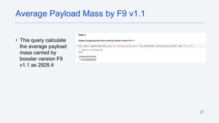 27
• This query calculate
the average payload
mass carried by
booster version F9
v1.1 as 2928.4
Average Payload Mass by F9 v1.1
 