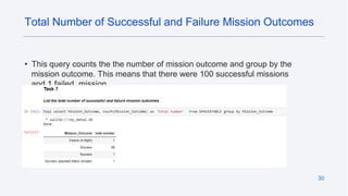 30
• This query counts the the number of mission outcome and group by the
mission outcome. This means that there were 100 successful missions
and 1 failed mission.
Total Number of Successful and Failure Mission Outcomes
 