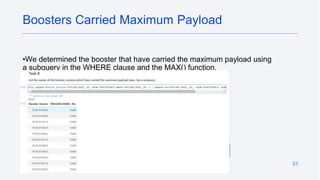 31
•We determined the booster that have carried the maximum payload using
a subquery in the WHERE clause and the MAX() function.
Boosters Carried Maximum Payload
 