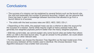 45
• The success of a mission can be explained by several factors such as the launch site,
the orbit and especially the number of previous launches. Indeed, we can assume that
there has been a gain in knowledge between launches that allowed to go from a
launch failure to a success.
• The orbits with the best success rates are GEO, HEO, SSO, ES-L1.
• Depending on the orbits, the payload mass can be a criterion to take into account for
the success of a mission. Some orbits require a light or heavy payload mass. But
generally low weighted payloads perform better than the heavy weighted payloads.
• With the current data, we cannot explain why some launch sites are better than others
(KSC LC-39A is the best launch site). To get an answer to this problem, we could obtain
atmospheric or other relevant data.
• For this dataset, we choose the Decision Tree Algorithm as the best model even if the
test accuracy between all the models used is identical. We choose Decision Tree
Algorithm because it has a better train accuracy.
Conclusions
 