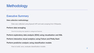 6
Executive Summary
Data collection methodology:
Data was collected using SpaceX API and web scraping from Wikipedia.
Perform data wrangling
One-hot encoding was applied to categorical features
Perform exploratory data analysis (EDA) using visualization and SQL
Perform interactive visual analytics using Folium and Plotly Dash
Perform predictive analysis using classification models
How to build, tune, evaluate classification models
Methodology
 