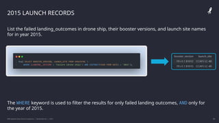 IBM Applied Data Science Capstone | Daniel Barnes | 2022 32
32
2015 LAUNCH RECORDS
List the failed landing_outcomes in drone ship, their booster versions, and launch site names
for in year 2015.
The WHERE keyword is used to filter the results for only failed landing outcomes, AND only for
the year of 2015.
 