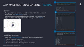IBM Applied Data Science Capstone | Daniel Barnes | 2022 8
8
DATA MANIPULATION/WRANGLING – PANDAS
Context:
• The SpaceX dataset contains several Space X launch facilities, and each
location is in the LaunchSite column.
• Each launch aims to a dedicated orbit, and some of the common orbit
types are shown in the figure below. The orbit type is in the Orbit
column.
Initial Data Exploration:
• Using the .value_counts() method to determine the following:
1. Number of launches on each site
2. Number and occurrence of each orbit
3. Number and occurrence of landing outcome per orbit type
1
2
3
GitHub Link
 