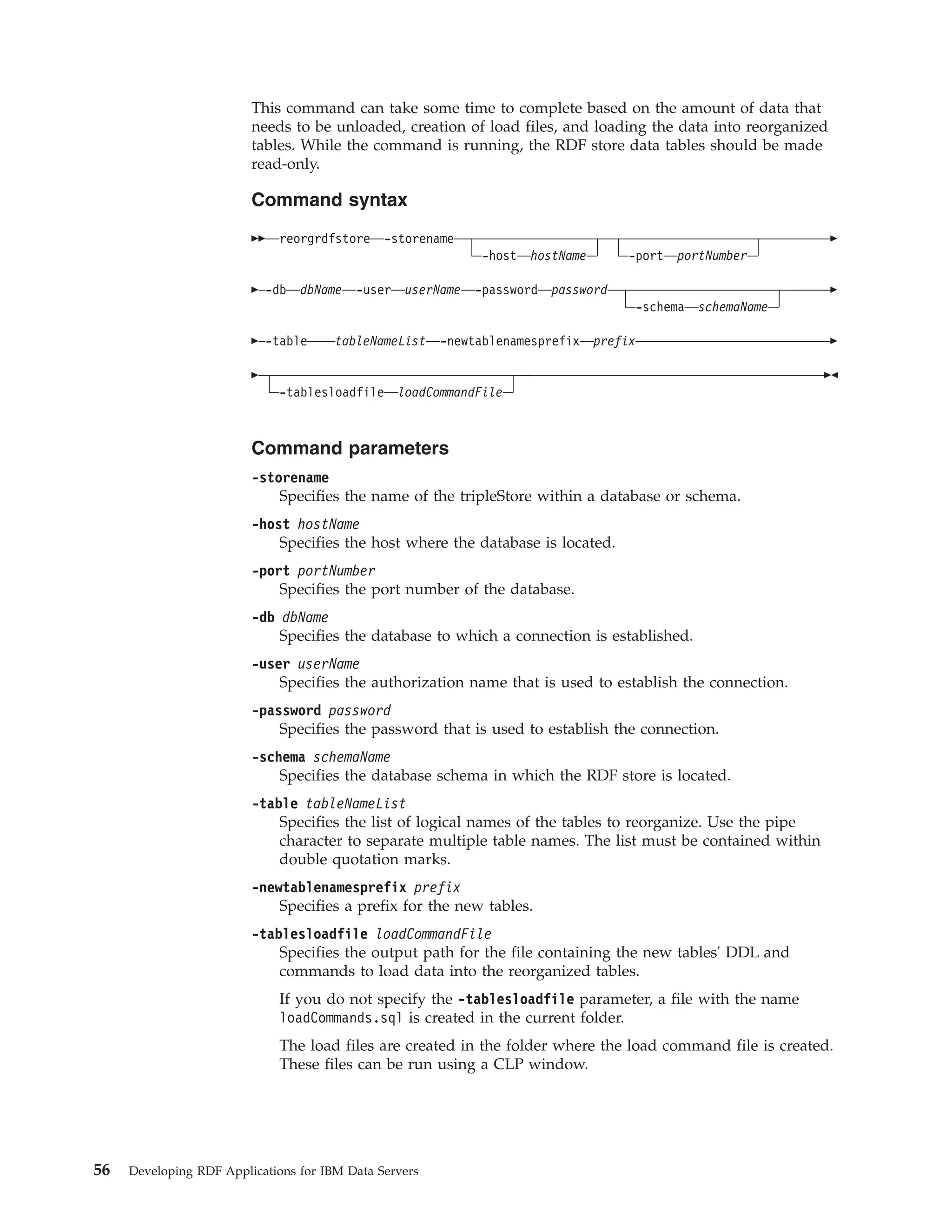 This command can take some time to complete based on the amount of data that needs to be unloaded, creation of load files, and loading the data into reorganized tables. While the command is running, the RDF store data tables should be made read-only. Command syntax reorgrdfstore -storename -host hostName -port portNumber -db dbName -user userName -password password -schema schemaName -table tableNameList -newtablenamesprefix prefix -tablesloadfile loadCommandFile Command parameters -storename Specifies the name of the tripleStore within a database or schema. -host hostName Specifies the host where the database is located. -port portNumber Specifies the port number of the database. -db dbName Specifies the database to which a connection is established. -user userName Specifies the authorization name that is used to establish the connection. -password password Specifies the password that is used to establish the connection. -schema schemaName Specifies the database schema in which the RDF store is located. -table tableNameList Specifies the list of logical names of the tables to reorganize. Use the pipe character to separate multiple table names. The list must be contained within double quotation marks. -newtablenamesprefix prefix Specifies a prefix for the new tables. -tablesloadfile loadCommandFile Specifies the output path for the file containing the new tables' DDL and commands to load data into the reorganized tables. If you do not specify the -tablesloadfile parameter, a file with the name loadCommands.sql is created in the current folder. The load files are created in the folder where the load command file is created. These files can be run using a CLP window. 56 Developing RDF Applications for IBM Data Servers 