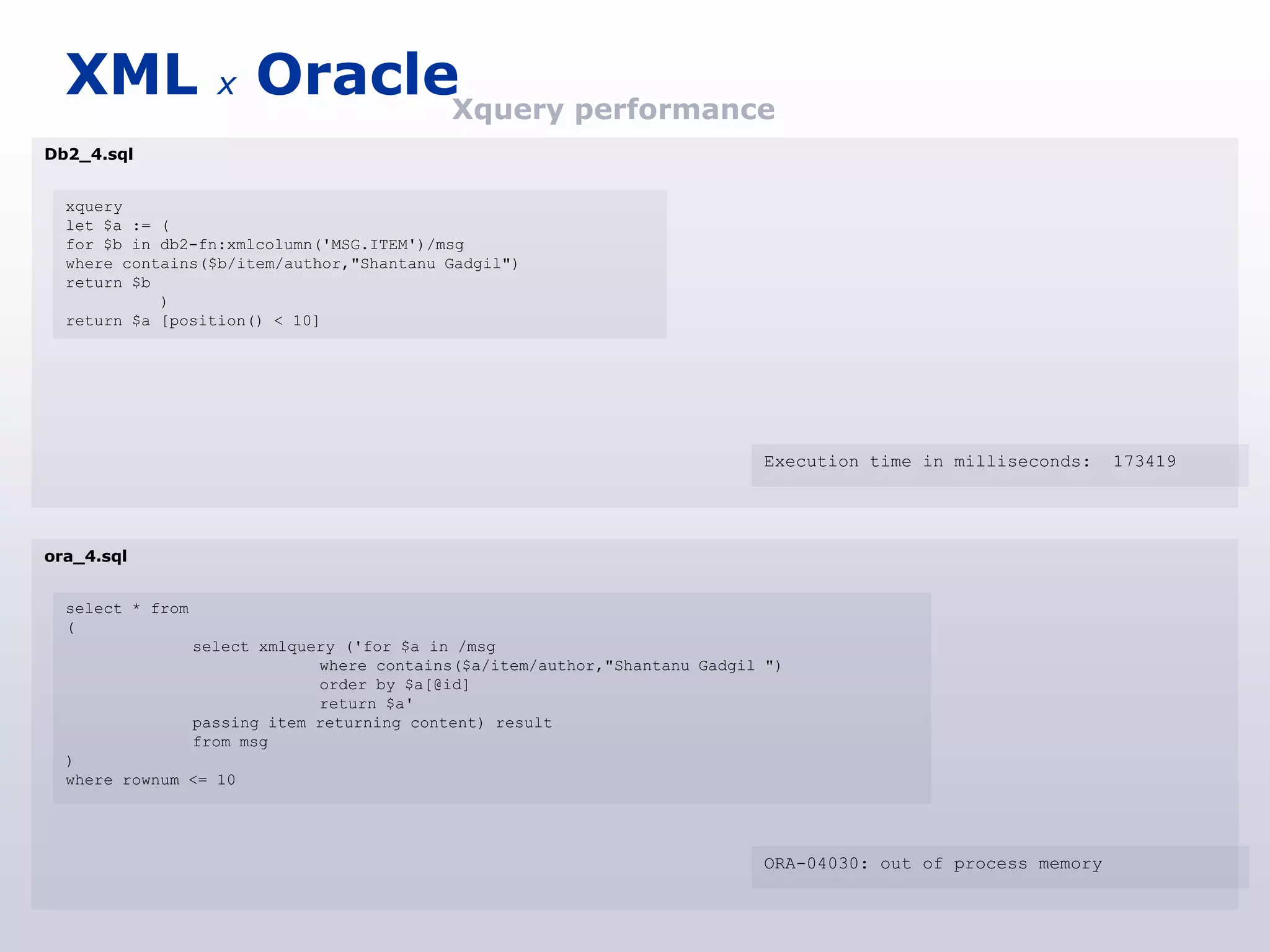 XML               x   OracleXquery performance
Db2_4.sql


  xquery
  let $a := (
  for $b in db2-fn:xmlcolumn('MSG.ITEM')/msg
  where contains($b/item/author,"Shantanu Gadgil")
  return $b
            )
  return $a [position() < 10]




                                                                             Execution time in milliseconds:    173419




ora_4.sql


  select * from
  (
                  select xmlquery ('for $a in /msg
                               where contains($a/item/author,"Shantanu Gadgil ")
                               order by $a[@id]
                               return $a'
                  passing item returning content) result
                  from msg
  )
  where rownum <= 10




                                                                             ORA-04030: out of process memory
 