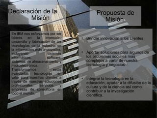 Declaración de la  Misión En IBM nos esforzamos por ser líderes en la invención, desarrollo y fabricación de las tecnologías de la industria de la información más avanzadas, incluyendo sistemas informáticos, software, sistemas de almacenamiento y microelectrónica. Transformamos estas avanzadas tecnologías en valor para nuestros clientes a través de nuestras soluciones profesionales, servicios y empresas de consultoría en todo el mundo. Propuesta de Misión  Brindar innovación a los clientes Aportar soluciones para algunos de los problemas sociales mas complejos a partir de nuestra tecnología y negocios Integrar la tecnología en la educación, ayudar a la difusión de la cultura y de la ciencia así como contribuir a la investigación científica. 