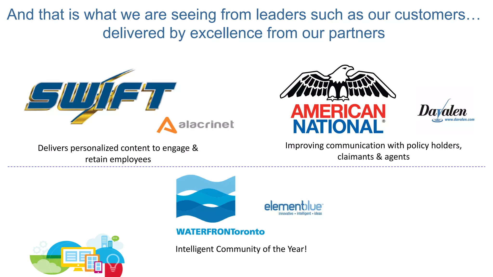 And that is what we are seeing from leaders such as our customers…
delivered by excellence from our partners
Delivers personalized content to engage &
retain employees
Intelligent Community of the Year!
Improving communication with policy holders,
claimants & agents
 